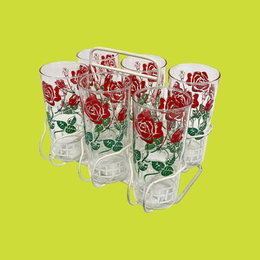 Vintage Highballs with Carrier Retro 1950s Mid Century Modern + Hazel Atlas + 7 Pieces + Glass + Roses with Lattice + MCM Drinking Glasses 