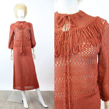 1930s terra cotta KNITWEAR CROCHET sweater and skirt set small medium | new winter 