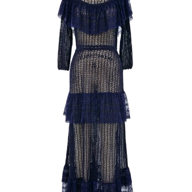 Navy Lace Ruffle Crochet Maxi Dress