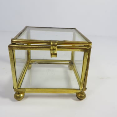 Vintage Glass Brass Box -  Small Square Glass Box 