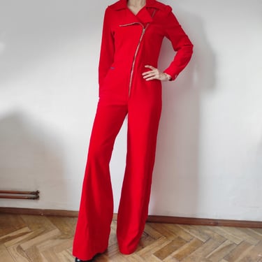 Vintage 1970's Jumpsuit Red Velvet, Wide Leg Velvet 1970s Jumpsuit, 70's Red Romper, Flare pants 70s Jumpsuit 