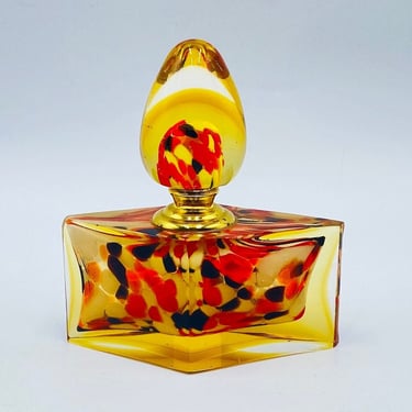 Vintage Murano Glass Perfume Bottle with Stopper Dauber, Orange, Black, Gold, Amber Retro Vanity Glassware Bottles 