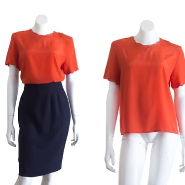 1990s orange short sleeve blouse with scalloped neckline 