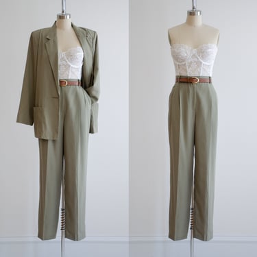 sage green suit 80s 90s vintage linen style high waisted pants oversized blazer 2 piece suit set 