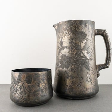 Antique Pairpoint Quadruple Plate Etched Pitcher Vase and Bowl Set, Vintage Tarnished Patinaed Etched Silverplate Decor 