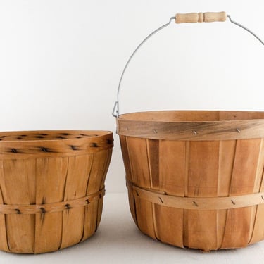 Two Vintage Gathering Baskets, Rustic Wood Harvest Apple Bushel Baskets, Farmhouse Kitchen Storage, Fall Decor 