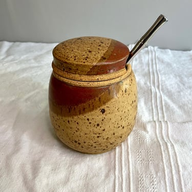2 piece Studio Pottery Stoneware Jelly Jar, Honey Pot or Sugar Bowl - Lidded, Vintage, Handmade, signed Karlan, Rustic Modern, brick browns 