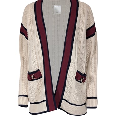 Sandro - Light Beige Cable Knit Wool Cardigan w/ Contrast Ribbed Trim Sz S