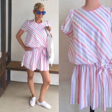 80s Mini Dress, Dropped Waist, Candy Stripe, Vintage, Fits Size 4 US 