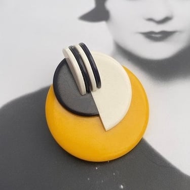 Art Deco Vintage Black & White with Yellow  Bakelite Galalith Geometric Modernist brooch by BakeliteBa