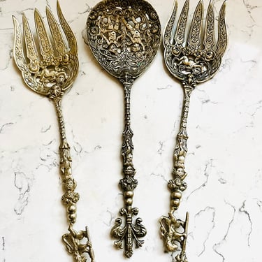 Set of 3 Vintage Italian Ornate Cherubs Bellini Silver Plate 2 Serving Fork and one Spoon For Pasta Salads by LeChalet