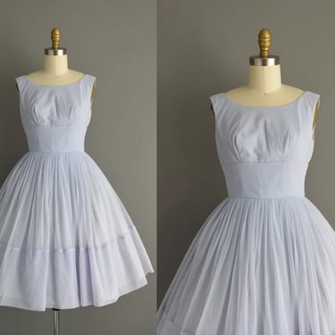 1950s vintage dress | Beautiful Icy Blue Nylon Chiffon Sweeping Full Skirt Party Dress | Small | 50s dress 