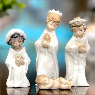 VINTAGE:1989 - 4pcs - Lladro Nativity Mini 3 Kings and Baby Jesus Ornaments - Porcelain Mini Reyes Three Kings Wise Men Magi Jesus Baby 