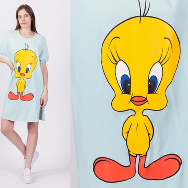 90s Tweety Bird T Shirt Dress - One Size | Vintage Sylvester Looney Tunes Cartoon Graphic Oversize Sleep Shirt 