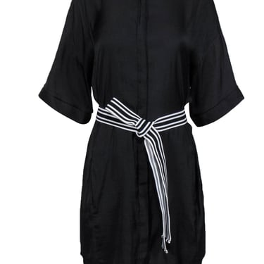 Maje - Black Short Sleeve Button-Front Shirt Dress w/ Striped Tie Belt OS