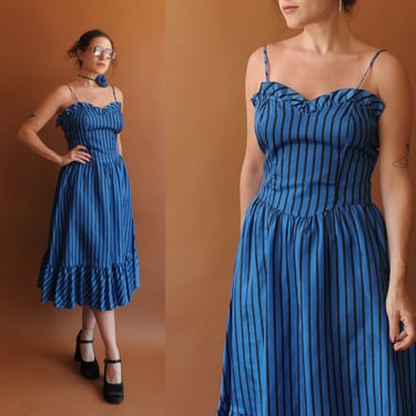 Vintage 70s/80s Cobalt Striped Sweetheart Dress/ 1970s Blue and Black Spaghetti Strap Dress/ Size Medium 29 