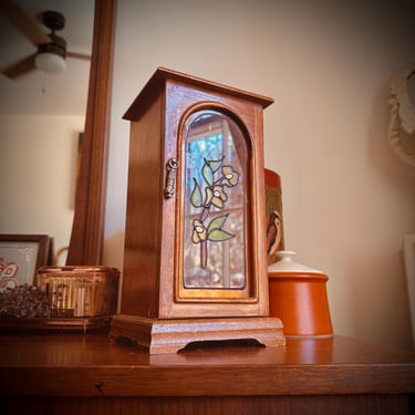 Vintage Wooden Jewelry Box with Floral Decor Faux Stained Glass  - Necklace Holder - Ring Holder 