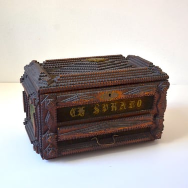 Turn of the Century Hand Carved Tramp Art Wooden Jewelry Box, circa 1900 