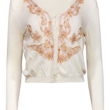 Bluemarine - Cream w/ Pink Floral Embroidery & Pearl Detailed Cardigan Sz S