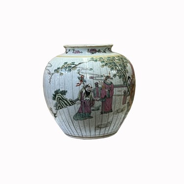 Oriental Distressed Marked Off White Base People Theme Porcelain Round Jar ws2572E 