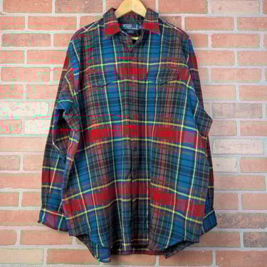 Vintage 90s Polo Ralph Lauren Wool Plaid ORIGINAL Button Down Work Shirt - Extra Large 
