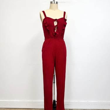 Vintage Jumpsuit | 70s Jumpsuit with Ruffled  Tie Front  and Pockets | Size Small to Medium 