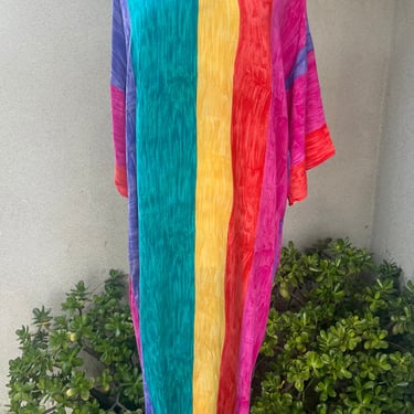 Vintage maxi kaftan dress rainbow stripes rayon sz M by Ruth Norman for Saks Fifth Ave 
