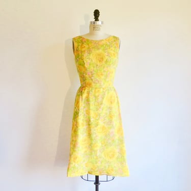 1960's Yellow Floral Print Day Dress Chiffon Overlay Sleeveless Style 60's Spring Summer Retro Elinor Gay 27