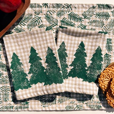 forest trees on gingham. block printed linen napkins / placemats / tea towels. set of four. boho christmas party. holiday decor. winter. 