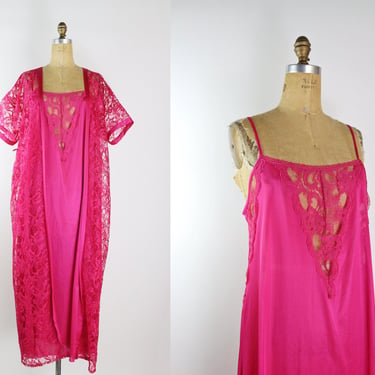 80s Hot Pink Peignoir Set / Wedding Lingerie Set / 80s Vintage Nightgown / Vintage Lace Robe / Pink Lace Sheer lingerie /Size M/L 