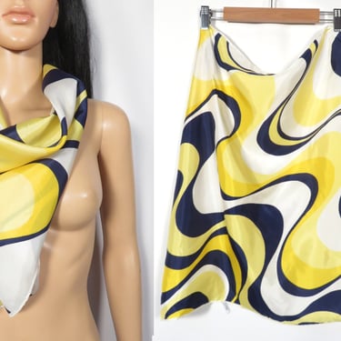 Vintage 60s Op Art Yellow And Navy Blue Square Scarf 