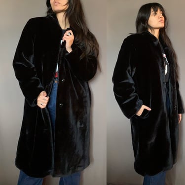 Vintage Faux Fur Long Black Coat (L)