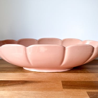Vintage Pink Oval Centerpiece Pottery Vase. Abingdon Art Deco Decorative Bowl. Pink Scalloped Vintage Planter. 