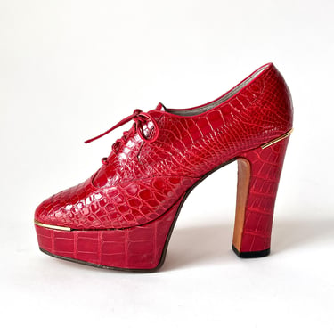 Vintage Platform Shoes Red Leather Size 6.5 Size 7 