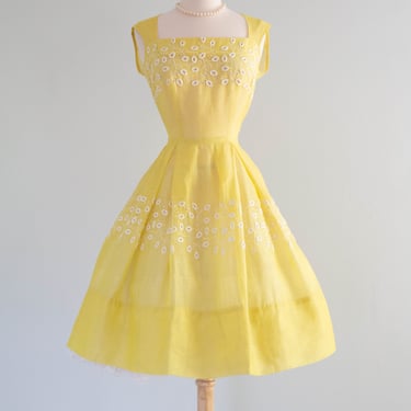 Vintage 1950's Sunshiny Day Yellow Eyelet Cotton Dress / Medium