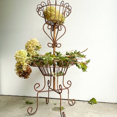 Antique Two Tiered Wrought Iron Plant Stand Two Baskets Large Outdoor Plant Stand Vintage French Wire Round Basket Plant Display Curly Wire 