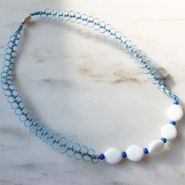 Vintage 70s Blue and White Glass Bead Short Choker Necklace Intricate Macrame - Hand Made Boho Hippie Natural Jewelry 