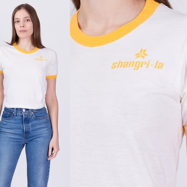 70s 80s Shangri-La Ringer Tee - Extra Small | Vintage White Yellow Resort Graphic Tourist T Shirt 