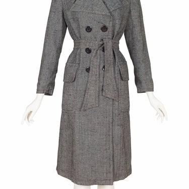 Ted Lapidus 1970s Vintage Gray Herringbone Double-Breasted Trench Coat Sz L 