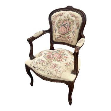 Vintage French Louis Xv Courting Tapestry Carved Fauteuil Armchair 