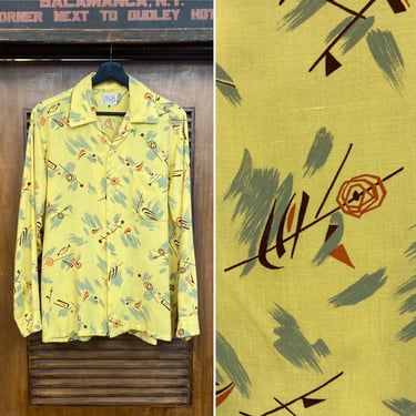 Vintage 1950’s Amazing Atomic Pattern Rayon Rockabilly Loop Collar Shirt, 50’s Vintage Clothing 