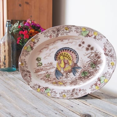 Vintage turkey platter / brown transferware turkey platter / Thanksgiving platter / Holiday tableware / farmhouse kitchen / serving tray 