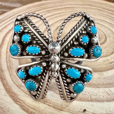 BRIGHT BUTTERFLY Large Navajo Turquoise Stone and Sterling Silver Ring | Statement Jewelry, Native American Navajo Southwestern | Size 9 