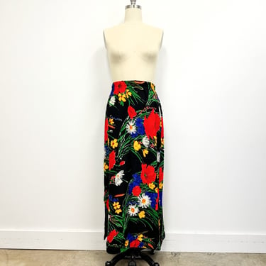 Vintage 1960s Maxi Skirt | Large Floral on Black Long Skirt | Size 14 