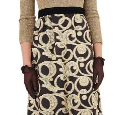 Vintage 1970s Gold & Black Maxi Dress Metallic Spiral Swirl / S 