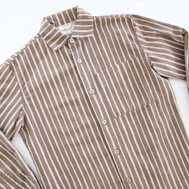 Vintage 70s marimekko Striped Button Down Shirt S - Vertical Brown Tan Collared Long Sleeve Button Up Cotton Top - Scandinavian Design 
