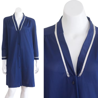 1970s dark blue nylon robe with white trim 