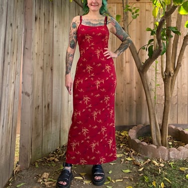 Y2K 2000’s Red Leaf Print Stretchy Maxi Dress 