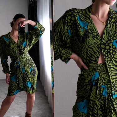 Vintage 80s Carole Little for St. Tropez Animal Floral Print Silk Jacket & High Waisted Wrap Skirt Set | 100% Silk | 1980s Designer Silk Set 