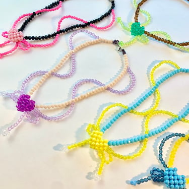 Beaded heart necklace, beaded bow necklace, colorful beaded necklace, bow bolo necklace, twisted bead necklace, faceted bead necklace 